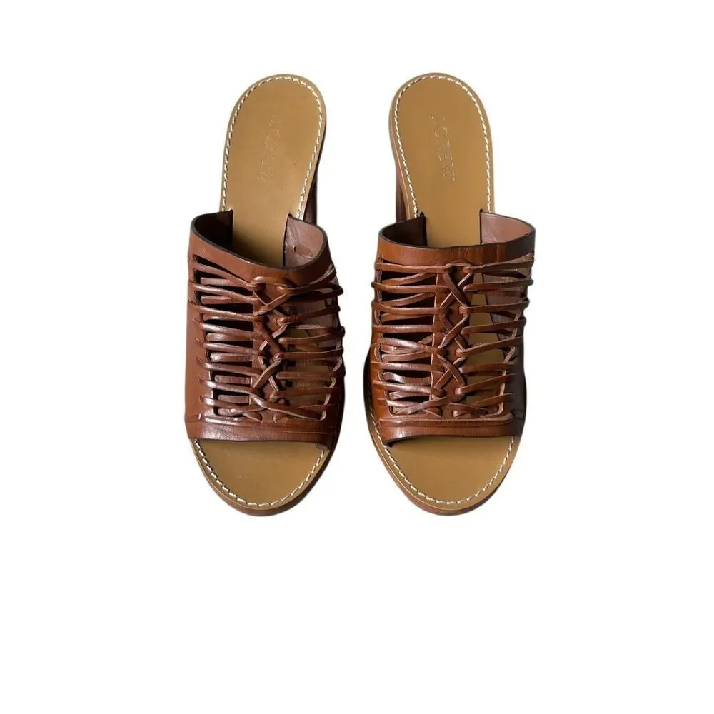 J. Crew Marlow Huarache Leather Mules Sandals size 7.5 Block Wood Heel‎ Brown